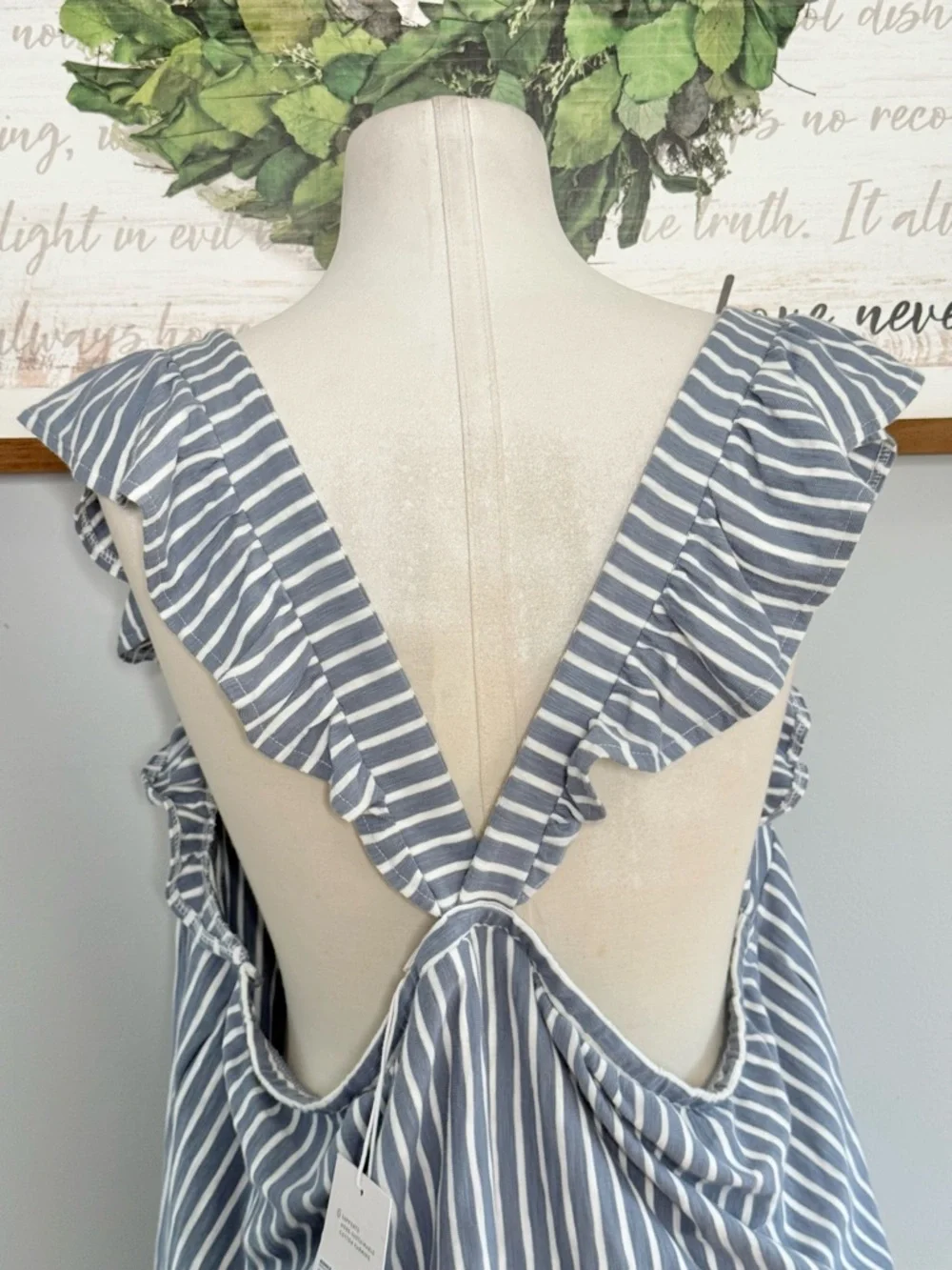 2x , 3x. LC Lauren Conrad Blue and White Striped Ruffle Sleeve Tank - Picture 8 of 10